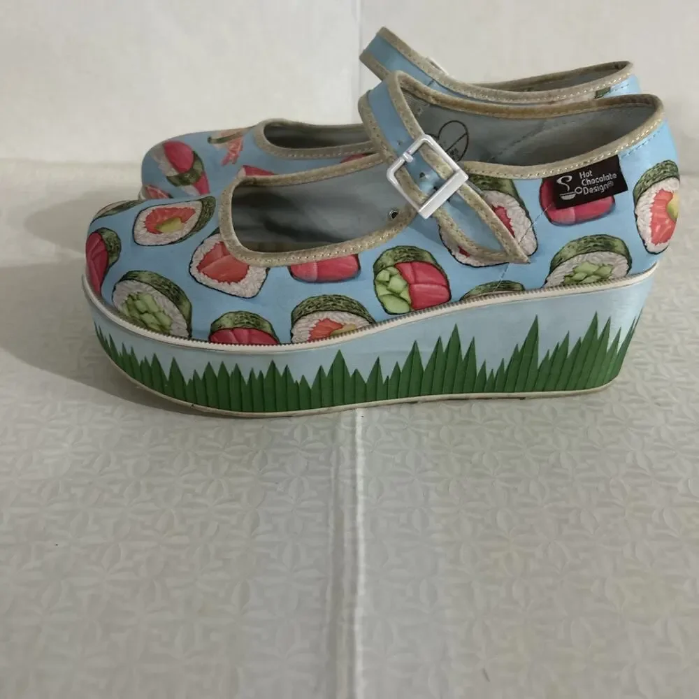 Hot Chocolate Design Sushi Mary Jane Platform Shoes Blue Novelty Women's Size 7